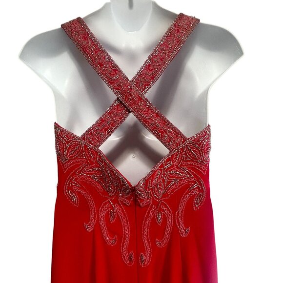 Jovani Red Beaded Crisscross Back Straps Maxi Long Evening Gown Size 10 Dress - Picture 3 of 16